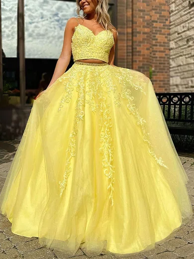 Ball Gown V-neck Tulle Sweep Train Beading Prom Dresses #Favs020106841