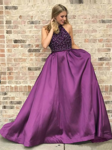 A-line Scoop Neck Satin Sweep Train Beading Prom Dresses #Favs020106853