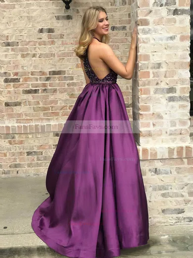 A-line Scoop Neck Satin Sweep Train Beading Prom Dresses #Favs020106853