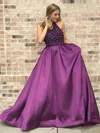 A-line Scoop Neck Satin Sweep Train Beading Prom Dresses #Favs020106853