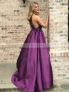A-line Scoop Neck Satin Sweep Train Beading Prom Dresses #Favs020106853