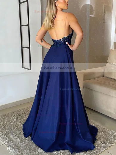 A-line V-neck Silk-like Satin Sweep Train Beading Prom Dresses #Favs020106859
