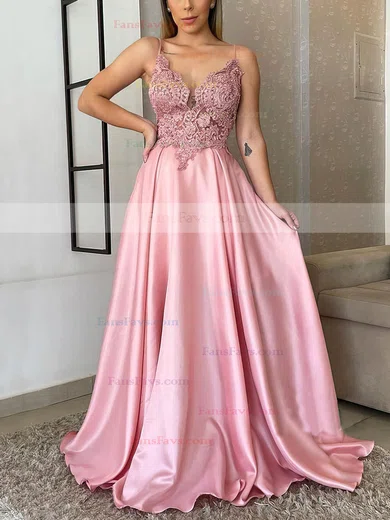 A-line V-neck Silk-like Satin Sweep Train Beading Prom Dresses #Favs020106859