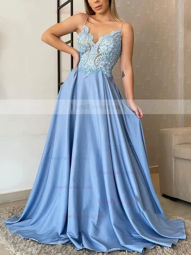 A-line V-neck Silk-like Satin Sweep Train Beading Prom Dresses #Favs020106859