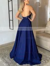 A-line V-neck Silk-like Satin Sweep Train Beading Prom Dresses #Favs020106859