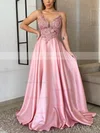 A-line V-neck Silk-like Satin Sweep Train Beading Prom Dresses #Favs020106859