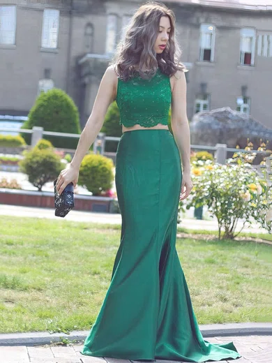 Trumpet/Mermaid Scoop Neck Lace Satin Sweep Train Beading Prom Dresses #Favs020103296