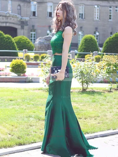 Trumpet/Mermaid Scoop Neck Lace Satin Sweep Train Beading Prom Dresses #Favs020103296