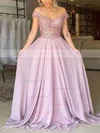 A-line Off-the-shoulder Chiffon Sweep Train Beading Prom Dresses #Favs020106860