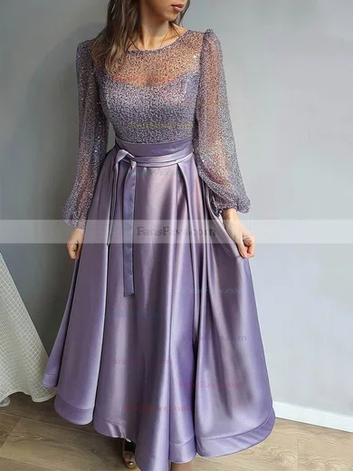 A-line Scoop Neck Satin Ankle-length Split Front Prom Dresses #Favs020106862