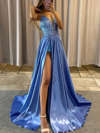 A-line V-neck Silk-like Satin Sweep Train Beading Prom Dresses #Favs020106864