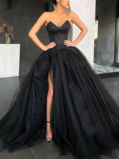 Ball Gown V-neck Tulle Sweep Train Beading Prom Dresses #Favs020106876