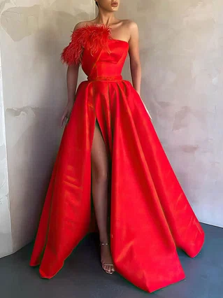 A-line Strapless Satin Sweep Train Sashes / Ribbons Prom Dresses #Favs020106878