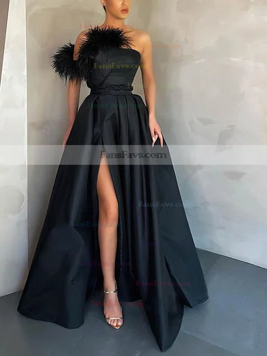 A-line Strapless Satin Sweep Train Sashes / Ribbons Prom Dresses #Favs020106878