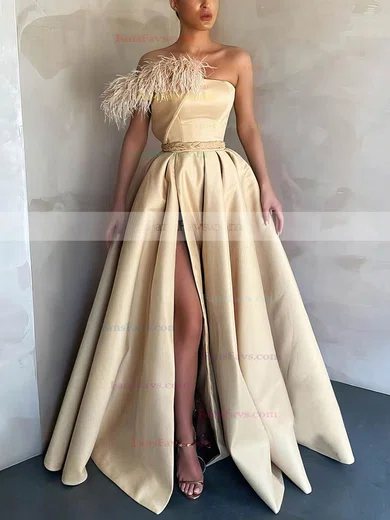 A-line Strapless Satin Sweep Train Sashes / Ribbons Prom Dresses #Favs020106878