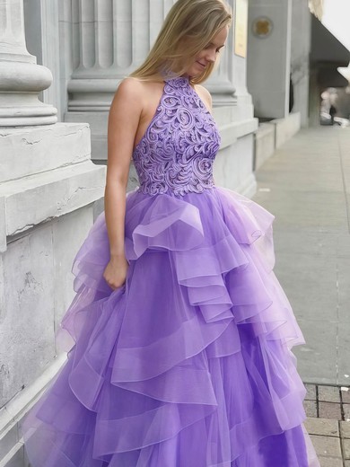 Ball Gown High Neck Organza Floor-length Appliques Lace Prom Dresses #Favs020106882