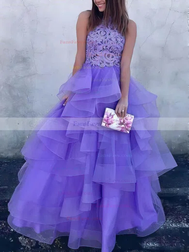 Ball Gown High Neck Organza Floor-length Appliques Lace Prom Dresses #Favs020106882