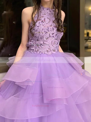 Ball Gown High Neck Organza Floor-length Appliques Lace Prom Dresses #Favs020106882