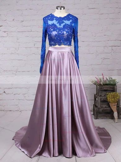 Ball Gown Scalloped Neck Satin Tulle Sweep Train Appliques Lace Prom Dresses #Favs020103307