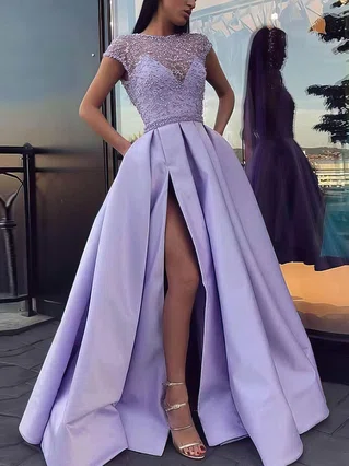 Ball Gown Scoop Neck Satin Sweep Train Beading Prom Dresses #Favs020106885 Ball Gown Scoop Neck Satin Sweep Train Beading Prom Dresses #Favs020106885