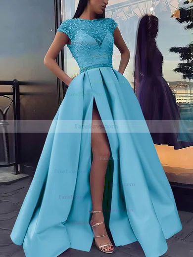 Ball Gown Scoop Neck Satin Sweep Train Beading Prom Dresses #Favs020106885