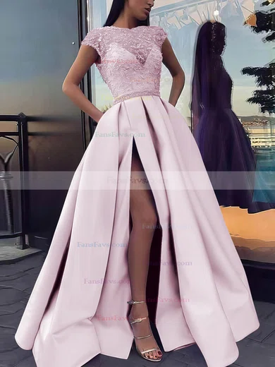 Ball Gown Scoop Neck Satin Sweep Train Beading Prom Dresses #Favs020106885