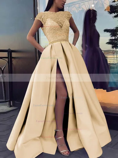 Ball Gown Scoop Neck Satin Sweep Train Beading Prom Dresses #Favs020106885