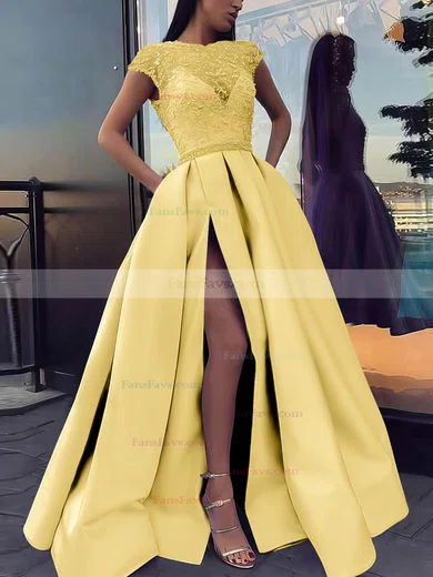Ball Gown Scoop Neck Satin Sweep Train Beading Prom Dresses #Favs020106885
