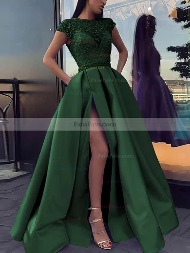 Ball Gown Scoop Neck Satin Sweep Train Beading Prom Dresses #Favs020106885