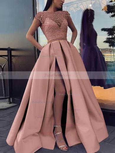 Ball Gown Scoop Neck Satin Sweep Train Beading Prom Dresses #Favs020106885