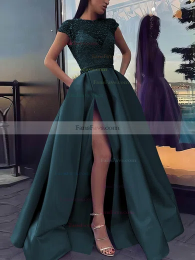 Ball Gown Scoop Neck Satin Sweep Train Beading Prom Dresses #Favs020106885