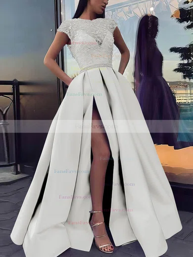 Ball Gown Scoop Neck Satin Sweep Train Beading Prom Dresses #Favs020106885