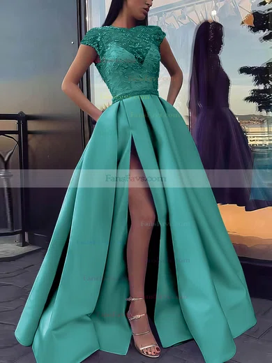 Ball Gown Scoop Neck Satin Sweep Train Beading Prom Dresses #Favs020106885