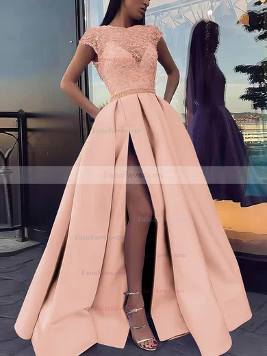 Ball Gown Scoop Neck Satin Sweep Train Beading Prom Dresses #Favs020106885