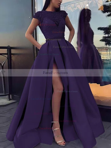 Ball Gown Scoop Neck Satin Sweep Train Beading Prom Dresses #Favs020106885