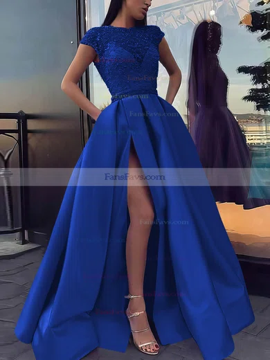 Ball Gown Scoop Neck Satin Sweep Train Beading Prom Dresses #Favs020106885