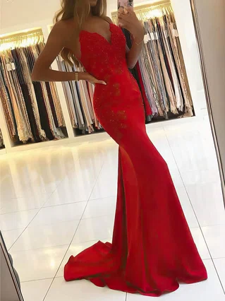 Trumpet/Mermaid V-neck Silk-like Satin Sweep Train Beading Prom Dresses #Favs020106913 Trumpet/Mermaid V-neck Silk-like Satin Sweep Train Beading Prom Dresses #Favs020106913
