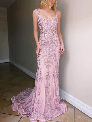 Trumpet/Mermaid Square Neckline Tulle Sweep Train Beading Prom Dresses #Favs020106924