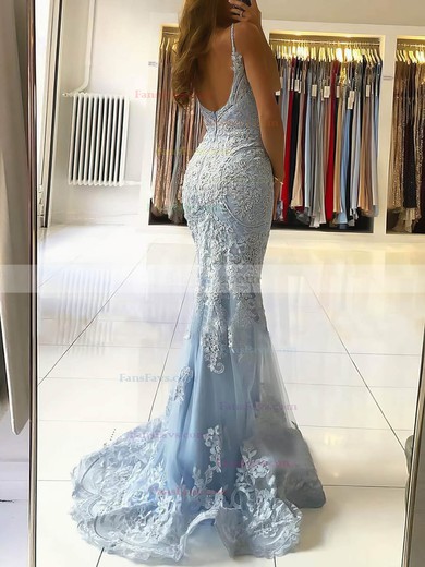 Trumpet/Mermaid V-neck Tulle Sweep Train Beading Prom Dresses #Favs020106927