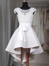 A-line Scoop Neck Satin Asymmetrical Appliques Lace Short Prom Dresses #Favs020103433