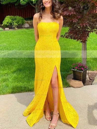 Trumpet/Mermaid Square Neckline Lace Sweep Train Split Front Prom Dresses #Favs020106644