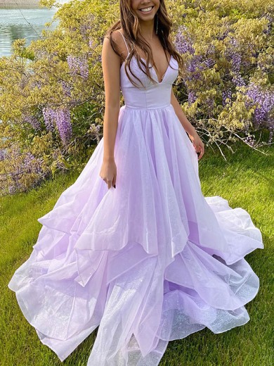 Princess V-neck Glitter Sweep Train Cascading Ruffles Prom Dresses #Favs020106646