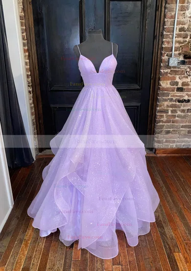 Princess V-neck Glitter Sweep Train Cascading Ruffles Prom Dresses #Favs020106646