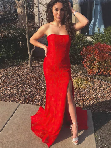 Trumpet/Mermaid Strapless Lace Sweep Train Split Front Prom Dresses #Favs020106647