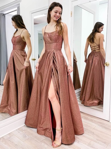 A-line Square Neckline Glitter Floor-length Split Front Prom Dresses #Favs020106655