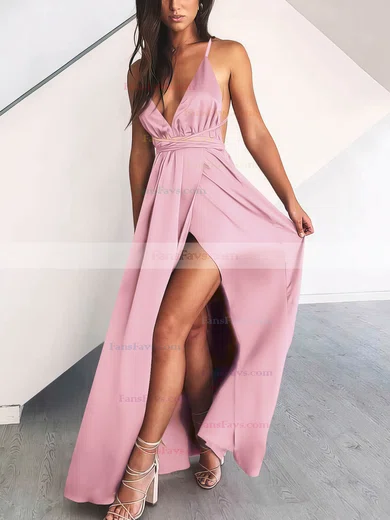 A-line V-neck Silk-like Satin Floor-length Split Front Prom Dresses #Favs020106670