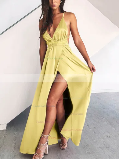 A-line V-neck Silk-like Satin Floor-length Split Front Prom Dresses #Favs020106670