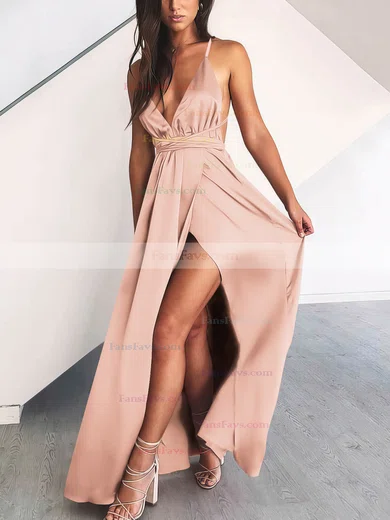 A-line V-neck Silk-like Satin Floor-length Split Front Prom Dresses #Favs020106670