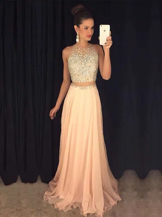 A-line Scoop Neck Tulle Chiffon Sweep Train Beading Prom Dresses #Favs020103435 A-line Scoop Neck Tulle Chiffon Sweep Train Beading Prom Dresses #Favs020103435