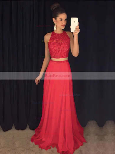 A-line Scoop Neck Tulle Chiffon Sweep Train Beading Prom Dresses #Favs020103435